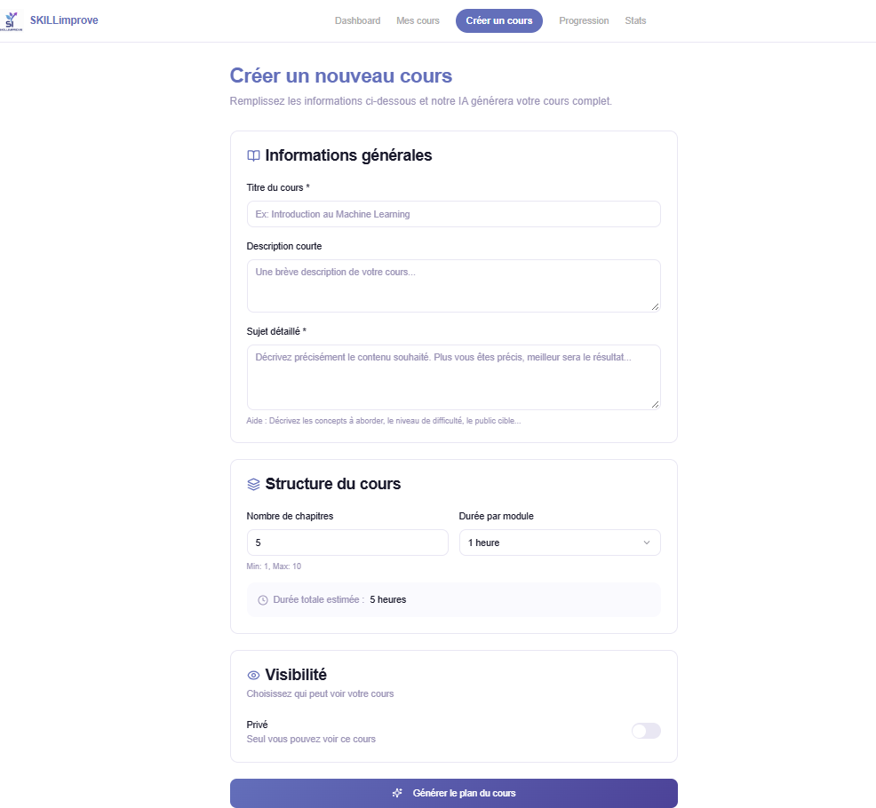 Interface SkillImprove : formulaire de création d'un nouveau cours (informations générales, structure, visibilité).